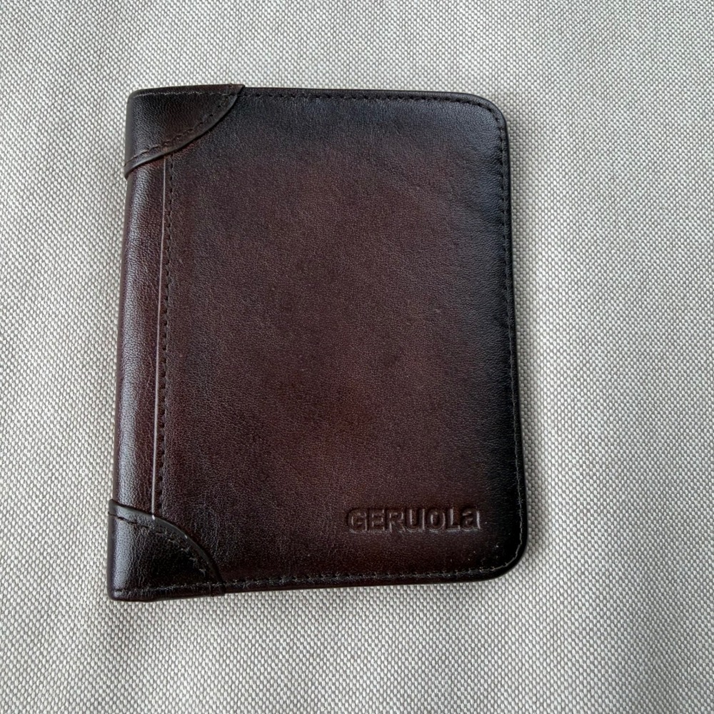 Geruola Mens Dark Brown Leather Bifold Wallet ID Window Card Slots RFID